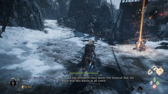 A Wo Long: Fallen Dynasty screenshot of the player standing next to a flag.