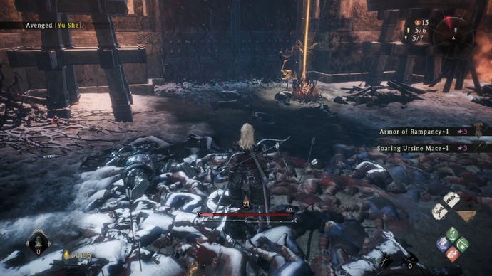 A Wo Long: Fallen Dynasty screenshot of the player standing next to a flag.