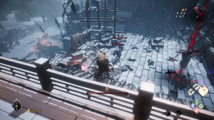 A Wo Long: Fallen Dynasty screenshot of the player standing next to a flag.