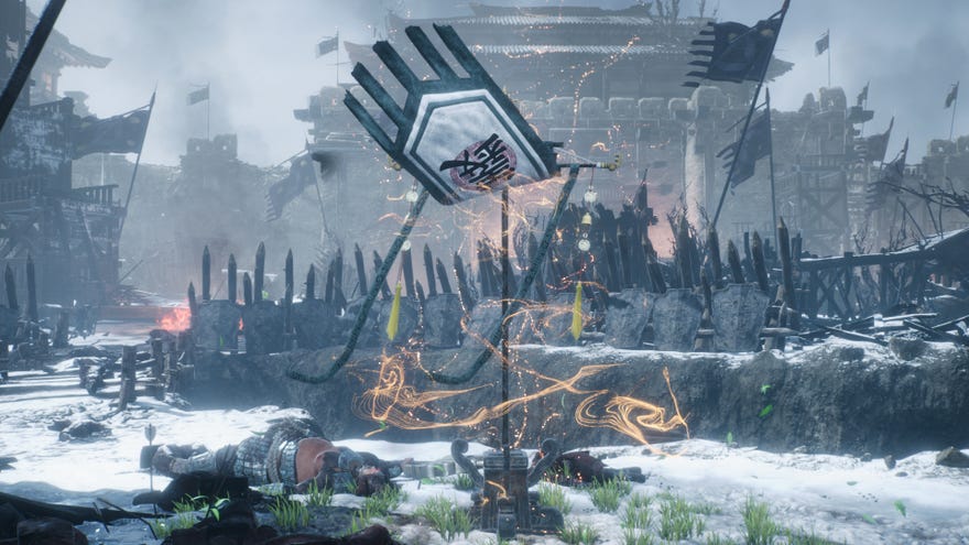 A Battle Flag in Wo Long outside a snowy wartorn battlefield and some large castle walls.