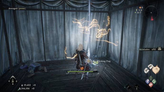 A Wo Long: Fallen Dynasty screenshot of the player standing next to a flag.