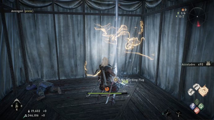 A Wo Long: Fallen Dynasty screenshot of the player standing next to a flag.