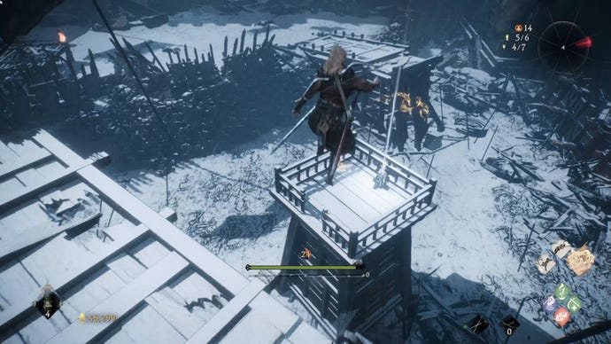 A Wo Long: Fallen Dynasty screenshot of the player standing next to a flag.