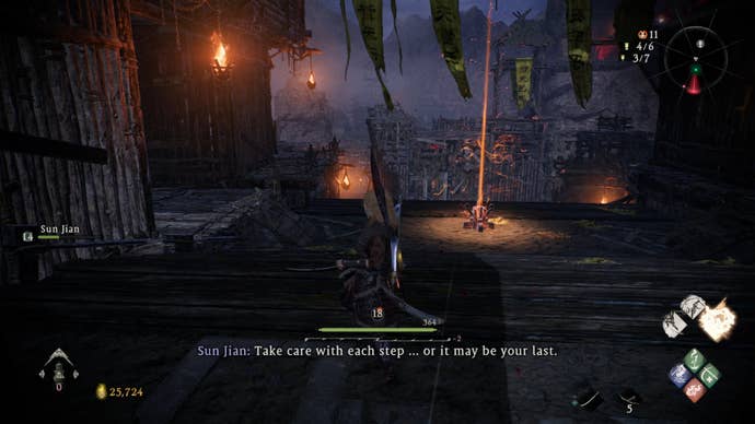 A Wo Long: Fallen Dynasty screenshot of the player standing next to a flag.