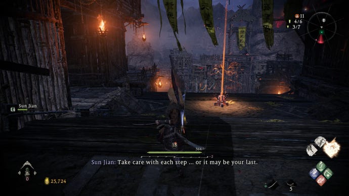 A Wo Long: Fallen Dynasty screenshot of the player standing next to a flag.