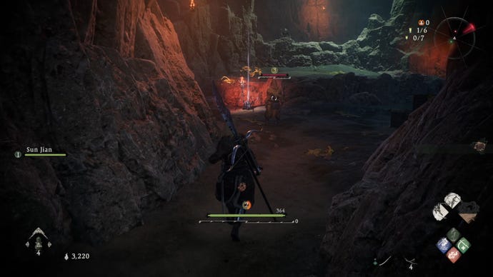 A Wo Long: Fallen Dynasty screenshot of the player standing next to a flag.