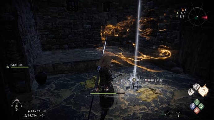 A Wo Long: Fallen Dynasty screenshot of the player standing next to a flag.