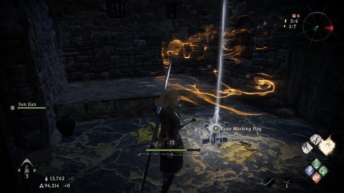 A Wo Long: Fallen Dynasty screenshot of the player standing next to a flag.