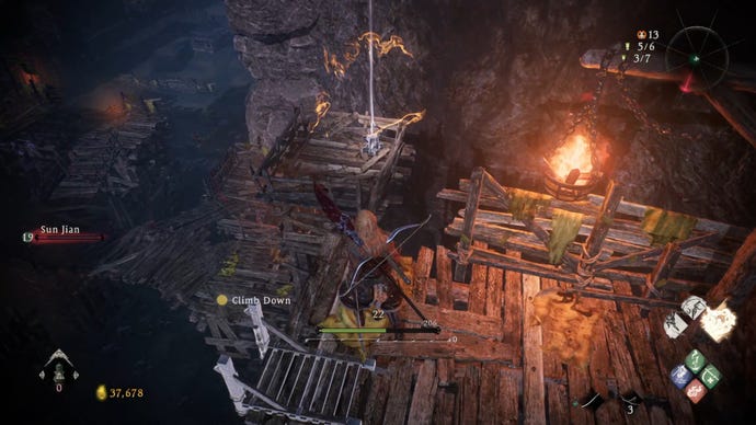 A Wo Long: Fallen Dynasty screenshot of the player standing next to a flag.