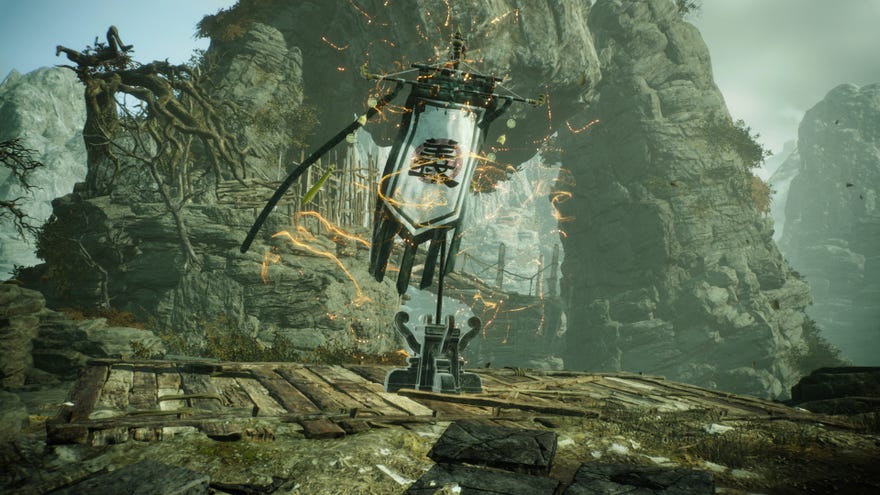 A Battle Flag placed on a rock in The Valley Of Crying Wraiths in Wo Long: Fallen Dynasty.