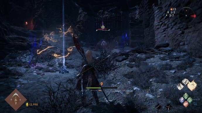 A Wo Long: Fallen Dynasty screenshot of the player standing next to a flag.