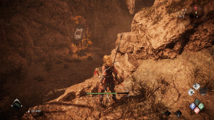 A Wo Long: Fallen Dynasty screenshot of the player standing next to a flag.