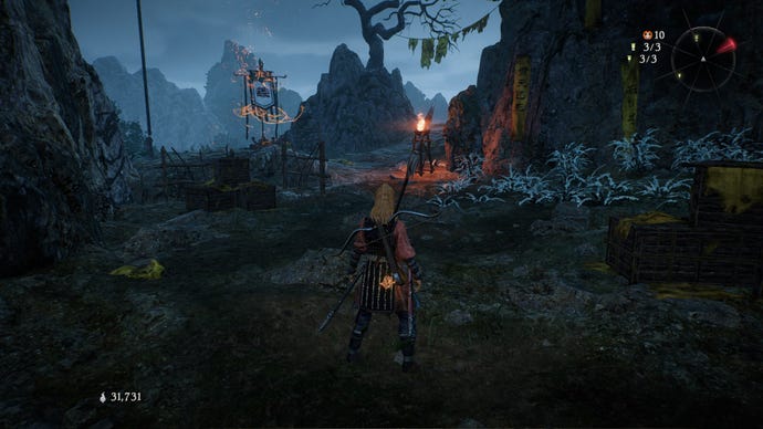 A Wo Long: Fallen Dynasty screenshot of the player standing next to a flag.