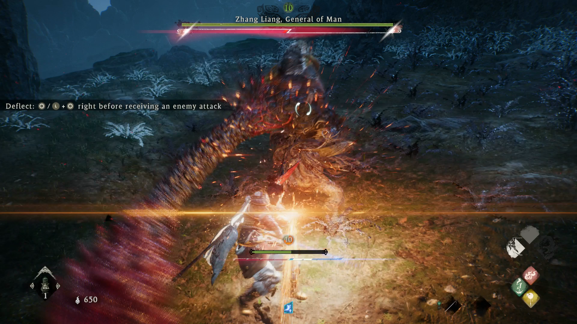 The player deflecting an attack from Zhang Liang in Wo Long