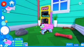 A screenshot of Wobbledogs, showing a pink rectangular dog called Randy getting a nice pat.