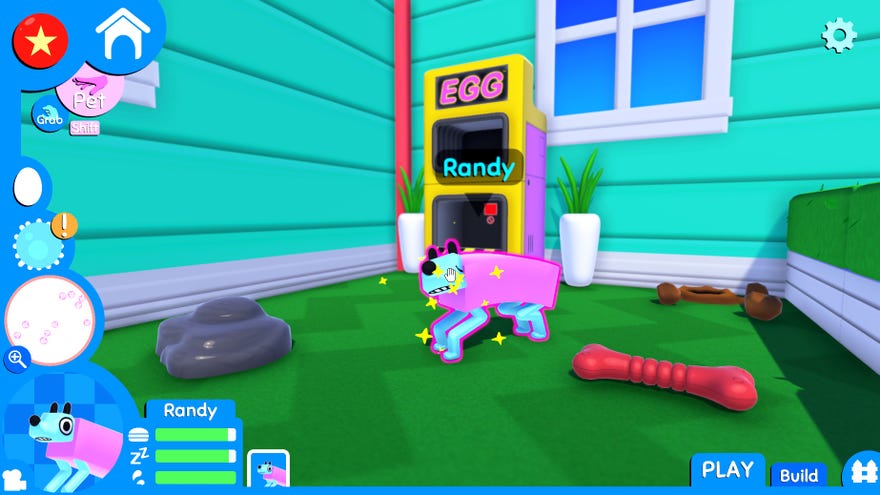 A screenshot of Wobbledogs, showing a pink rectangular dog called Randy getting a nice pat.