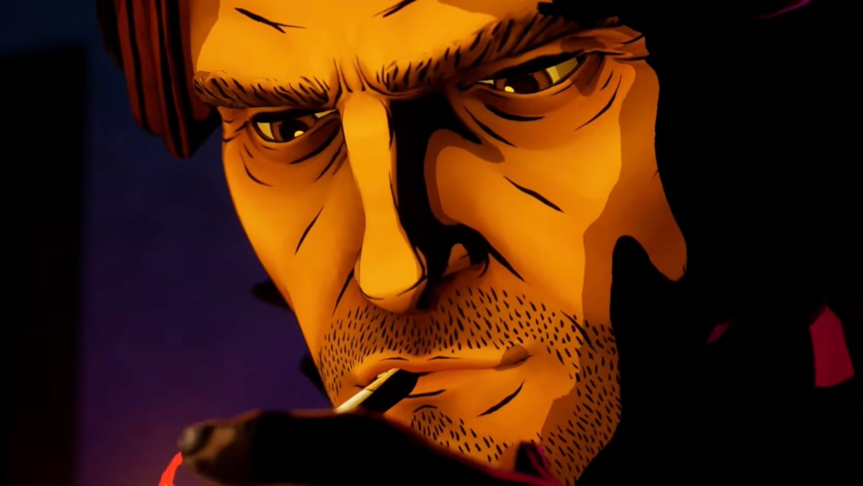 The Wolf Among Us 2 screenshot showing protagonist Bigby Wolf lighting a cigarette.