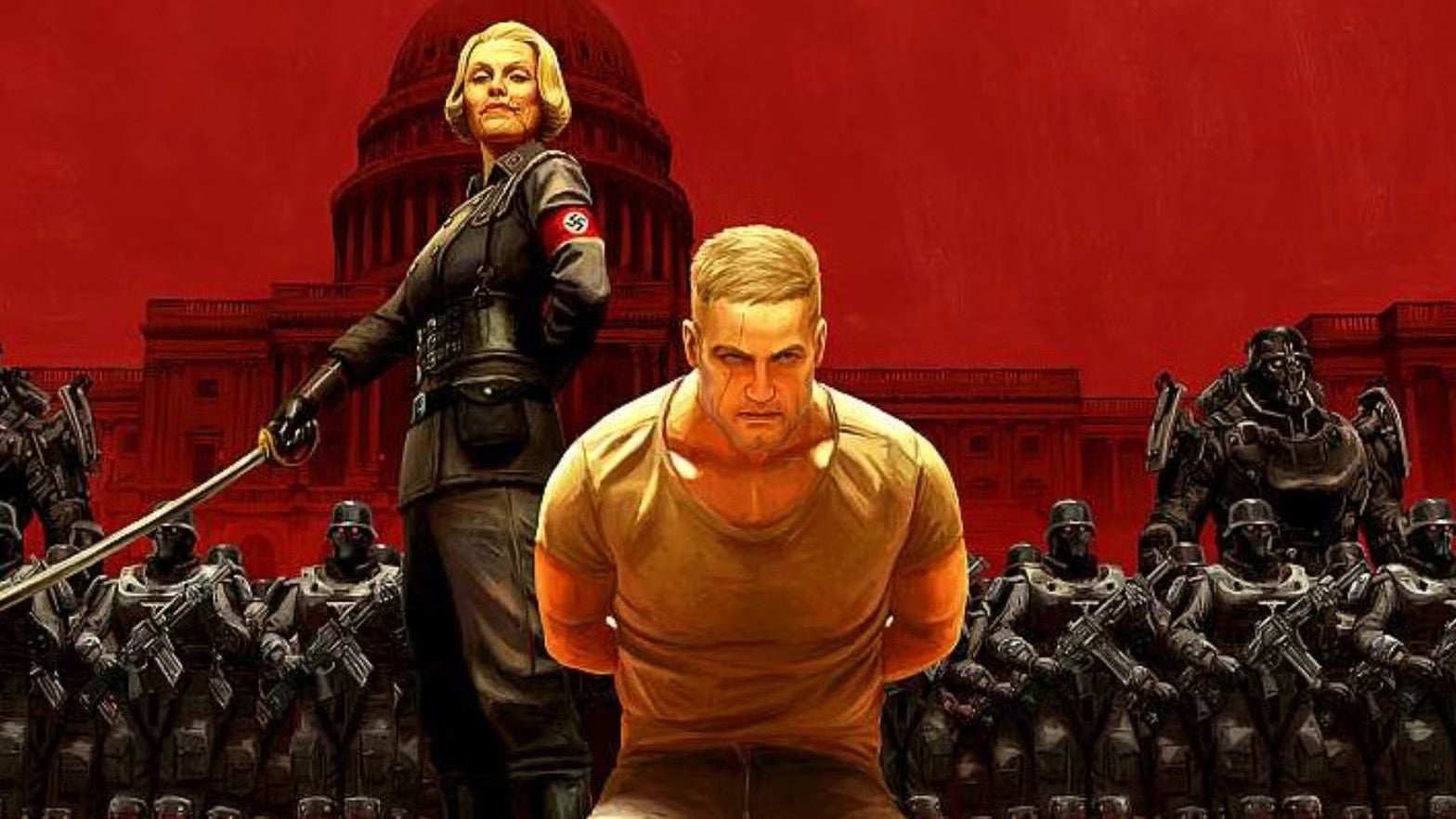 wolfenstein the new colossus artwork showing a male on his knees with armed enemies behind him on a red background