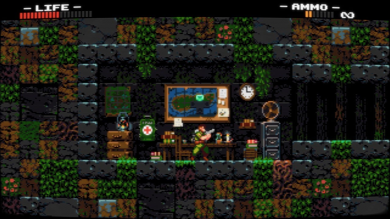 Chuck Rosetti stands in a save room in Wolfhound. It's a little bunker within the jungle level, featuring a typewriter, maps on the walls, filing cabinets, and a fan.