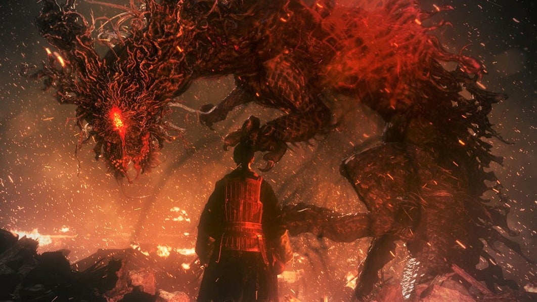 A red-hued screen where a samurai warrior looks up at a strange kind of dragon above him in the sky.