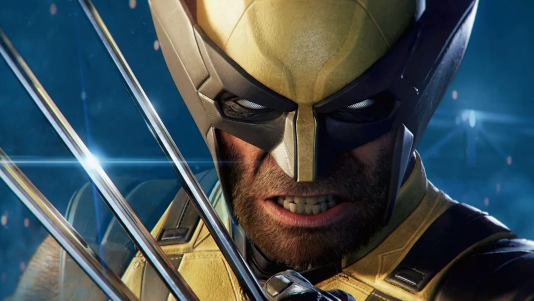 Wolverine, in the iconic yellow and black outfit, with his claws out and a blue background.