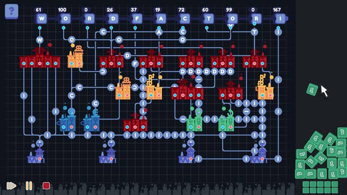 Factories wired together to create letters in Word Factori.