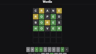 A Wordle answer where the player guesses crane, roped, bores and hover