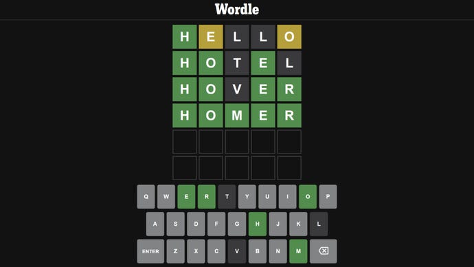 Пример игры в Wordle. Слова сверху вниз: Привет, Отель, Ховер, Гомер.
