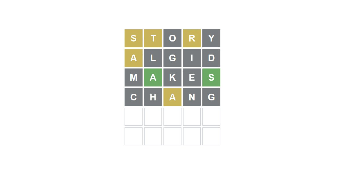 A screenshot from Wordle where the entered words read &ldquo;Story Algid Makes Chang.&rdquo; What might it mean, and what might the winning word be given the green and yellow letters?