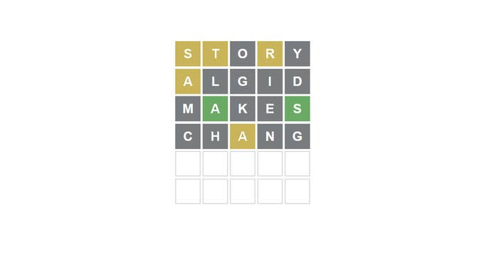 A screenshot from Wordle where the entered words read “Story Algid Makes Chang.” What might it mean, and what might the winning word be given the green and yellow letters?