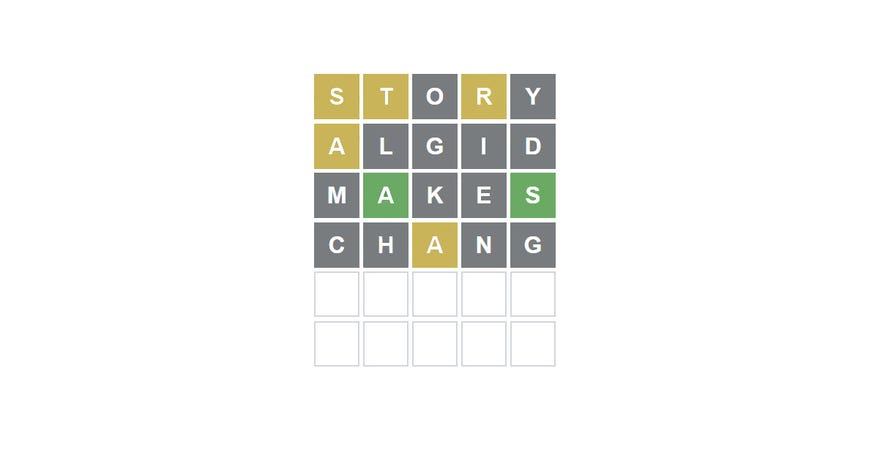 A screenshot from Wordle where the entered words read "Story Algid Makes Chang." What might it mean, and what might the winning word be given the green and yellow letters?