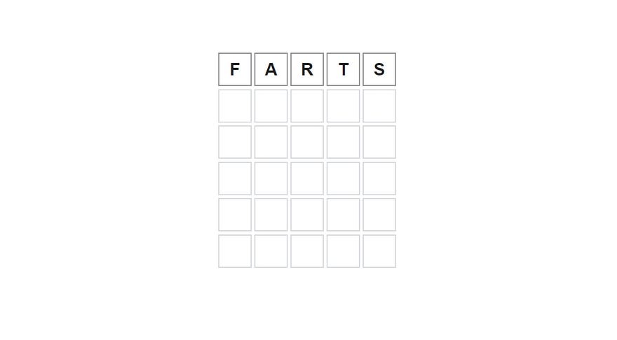 A screenshot of a 5x6 grid of squares, into the top row of which has been typed the word "FARTS", from the game Wordle.