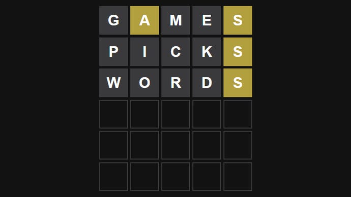 A Wordle grid with the incorrect guesses GAMES, WORDS, and PICKS.