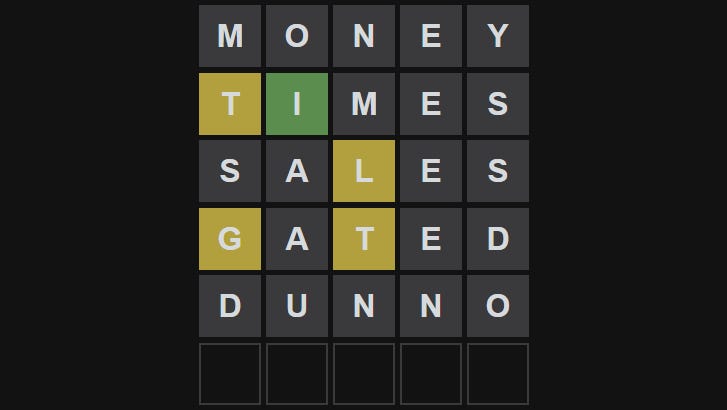 Yesterday’s Wordle grid speculating about the NYT buyout.