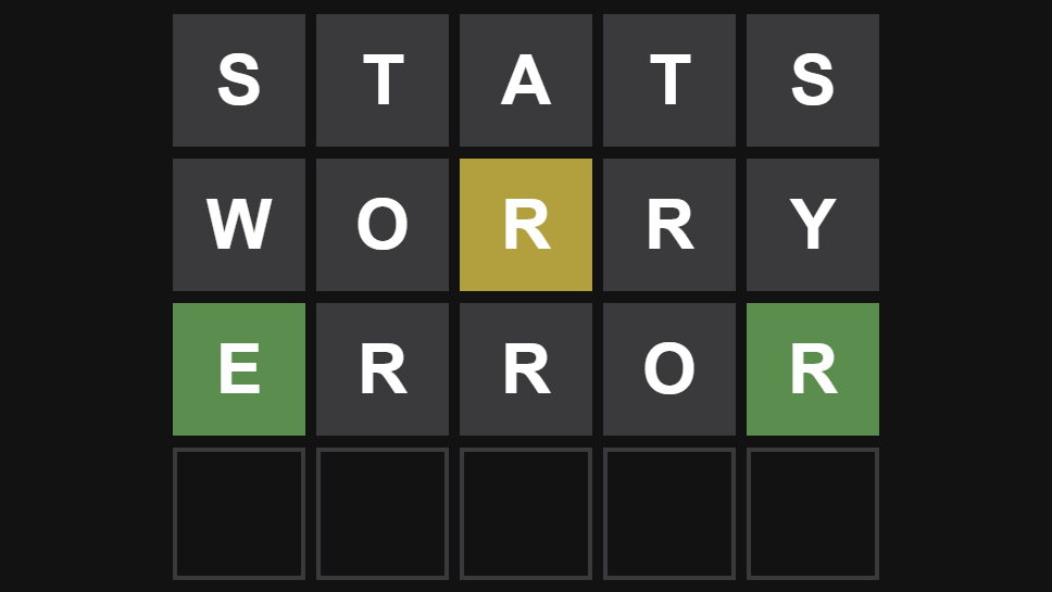 A Wordle grid guessing the words STATS, WORRY, ERROR.