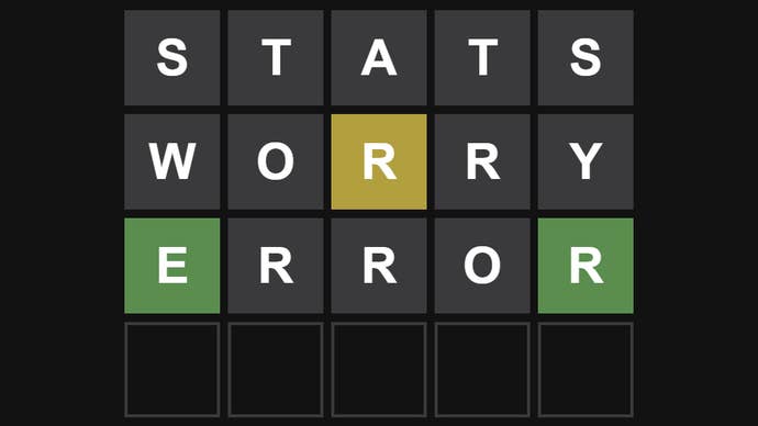 A Wordle grid guessing the words STATS, WORRY, ERROR.