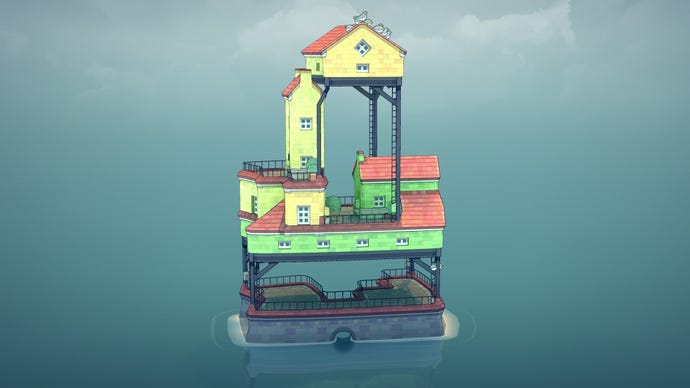 A cute colourful building rising out the water in a Townscaper screenshot.