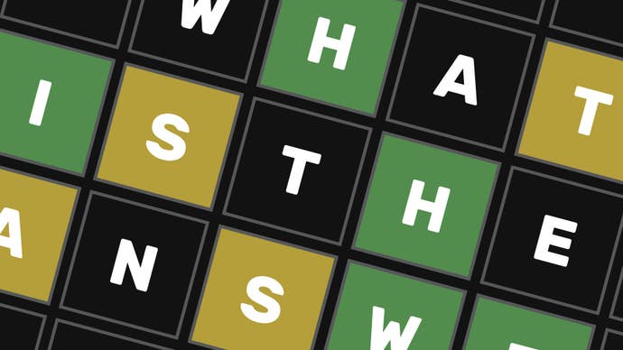 A close-up of part of a Wordle grid. The letters spell “what is the answer”.