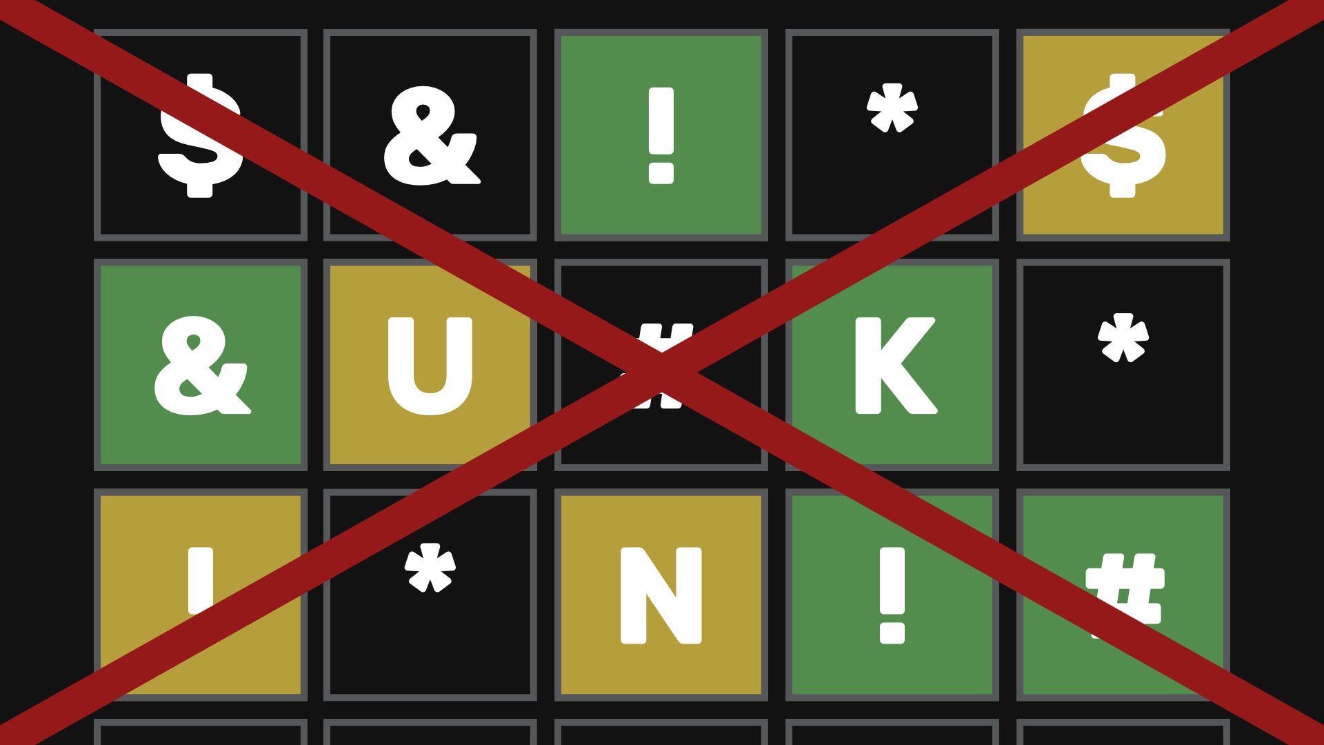 A Wordle grid with punctuation instead of letters for most of the tiles, and a red cross over the whole image. - 5