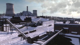 A view of a snowy industrial area with a power station chimney in the background and a cloudy sky