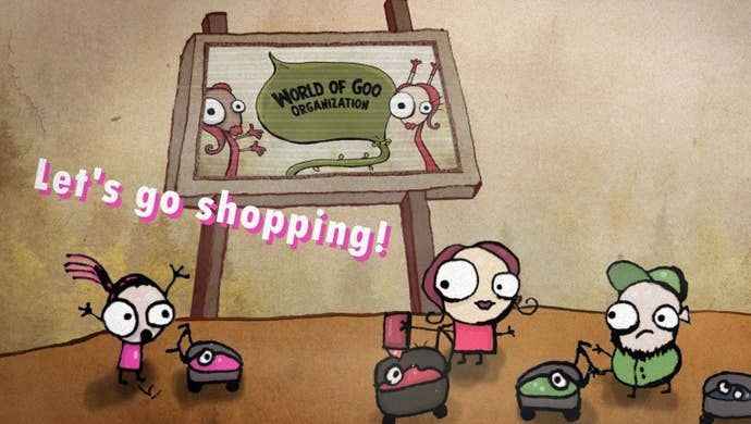 Humans with children in prams stand in front of a billboard and declare “Let’s go shopping!"