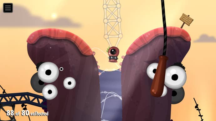 A large fish creature with many eyes opens its mouth to the sky, as a structure falls into it.