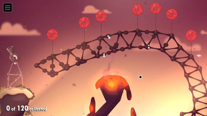 A leaning crane of goos is suspended by balloons over hazardous lava.