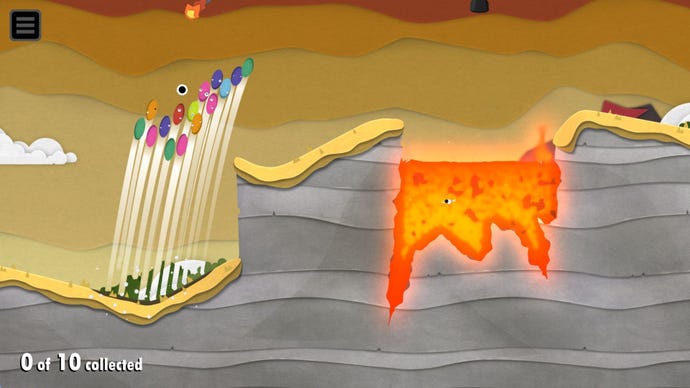 A bunch of golf ball goos are catapulted into the air near a pit of lava.