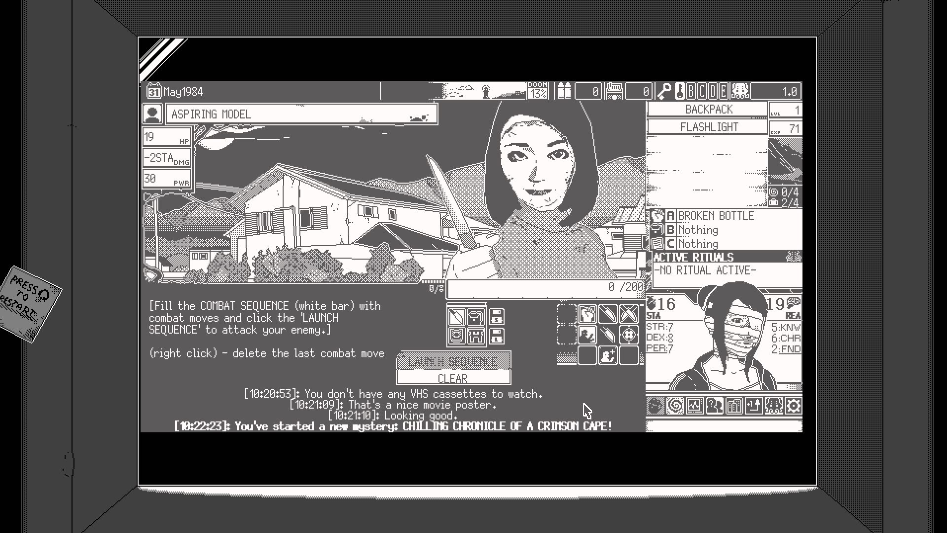 Getting in a fight with a horrible 'aspiring model' - a woman with a strange mask wielding a knife in World Of Horror - 13