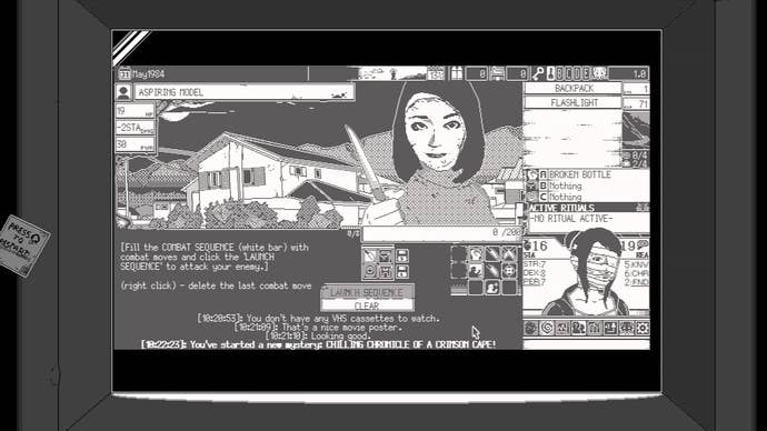 Getting in a fight with a horrible ‘aspiring model’ - a woman with a strange mask wielding a knife in World Of Horror