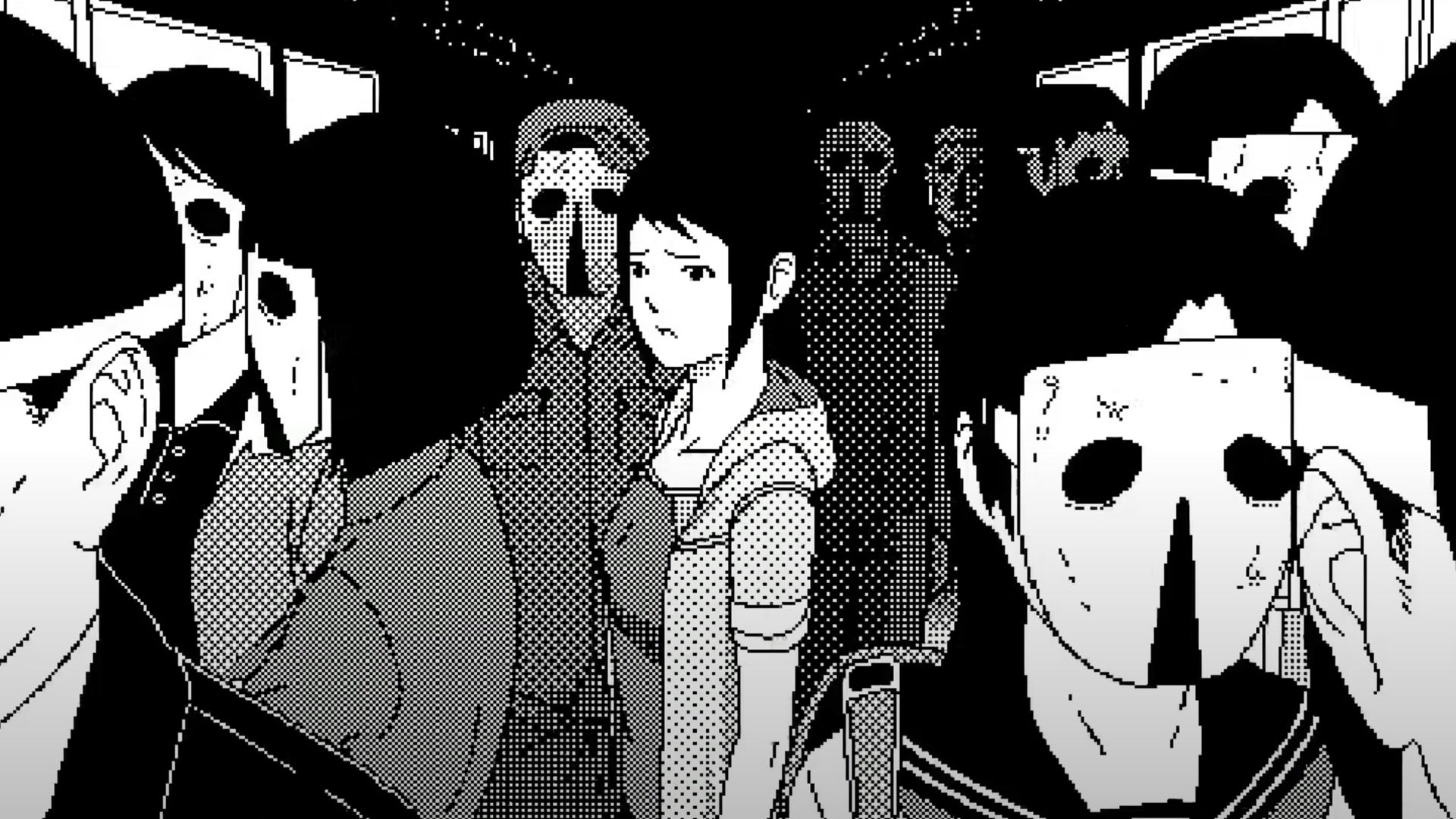 Black and white 1-bit art from World of Horror showing a girl on a subway train surrounded by eerily masked commuters.