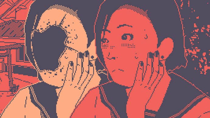 A girl rests her head on her hand, next to an almost identical girl in World Of Horror, except her porcelain face is caved in