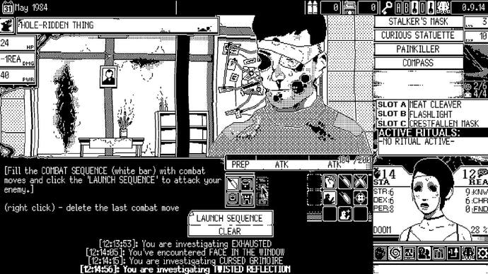 World of Horror screenshot showing black-and-white pointillist style graphics with a complex UI and haunting eyeless characters.