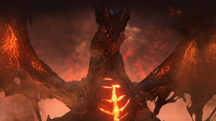 A dragon with its chest glowing orange looms out of smoke in art for World of Warcraft Classic’s Cataclysm Classic expansion